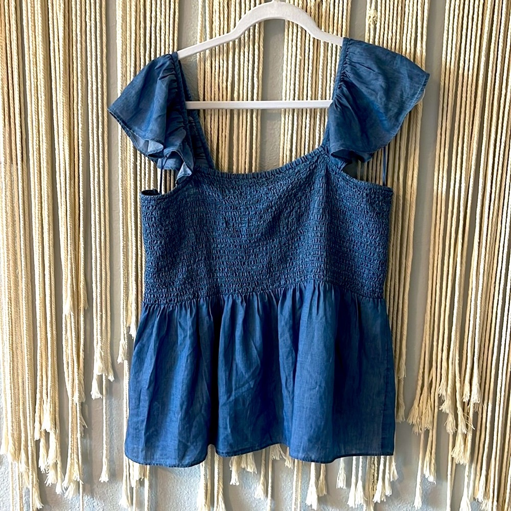 LOFT Smocked Chambray Ruffle Sleeve Top | Size Large - Picture 6 of 8